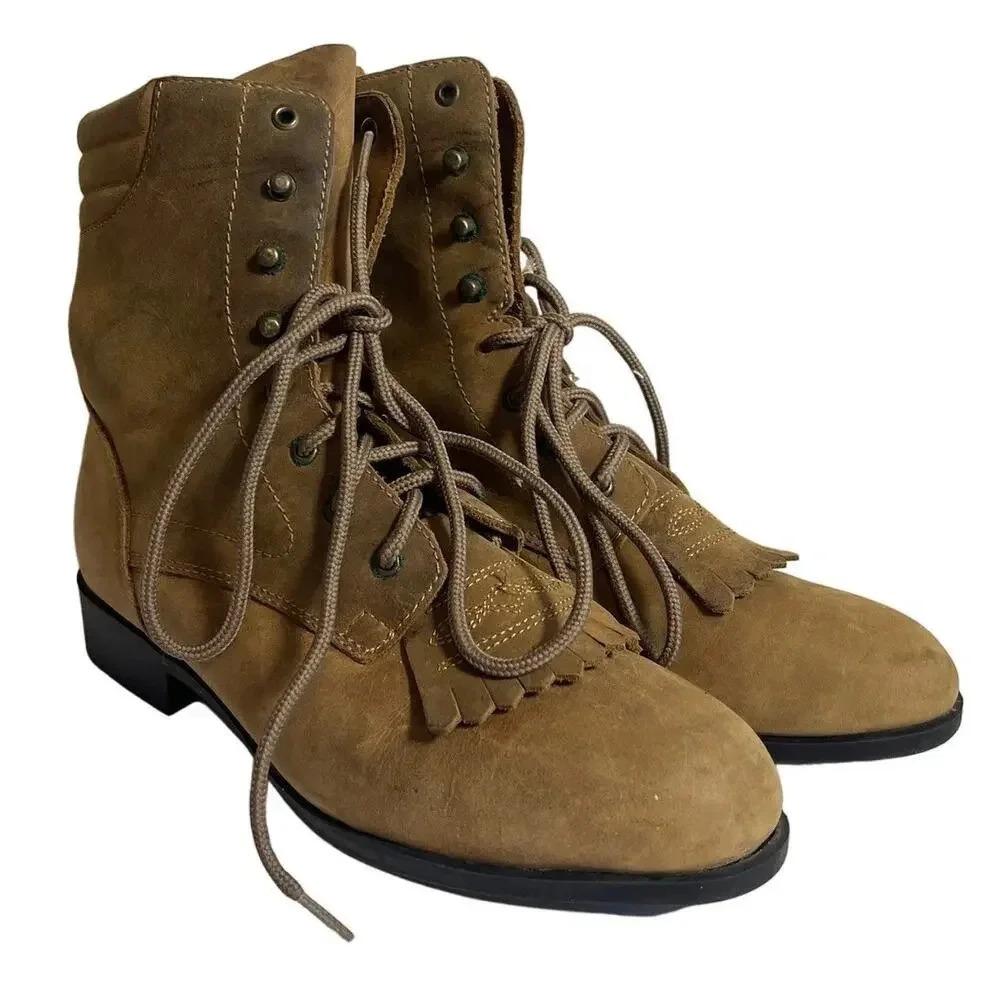 Acme Vintage Brown Leather Kiltie Roper Western Lace-Up Ankle Boots Women's Sz 7